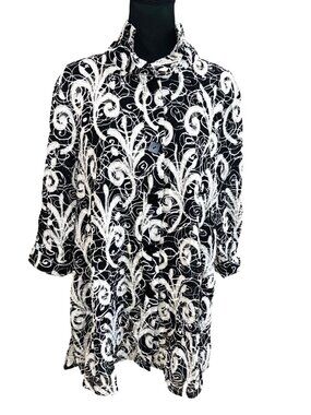 Ali Miles Black White Paisley Tunic Blouse Women L Tunic Top Artsy Boho Travel